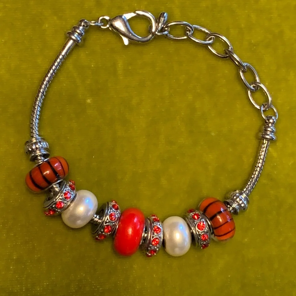 Silver Bracelet with Red, Orange and Pearl Beads
